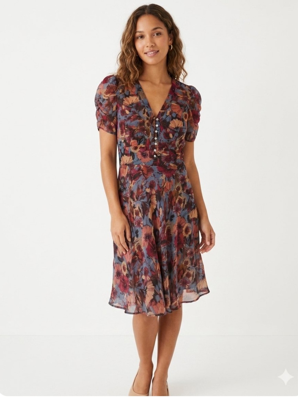 Multicolor Floral V-Neck Midi Dress with Puff Sleeves